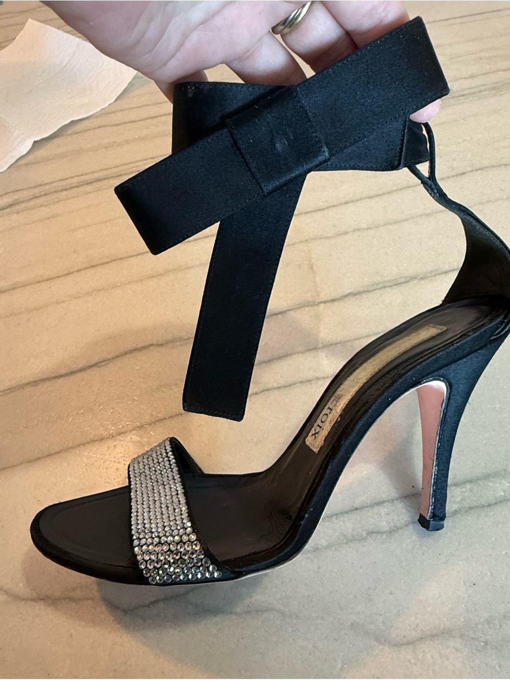 Vintage Christian Lacroix Black Satin Bow Ankle-Strap Heels Crystal pink sole 37